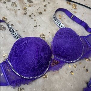Custom Rhinestone Victoria's Secret Vibrant Purple Lace Bra Set